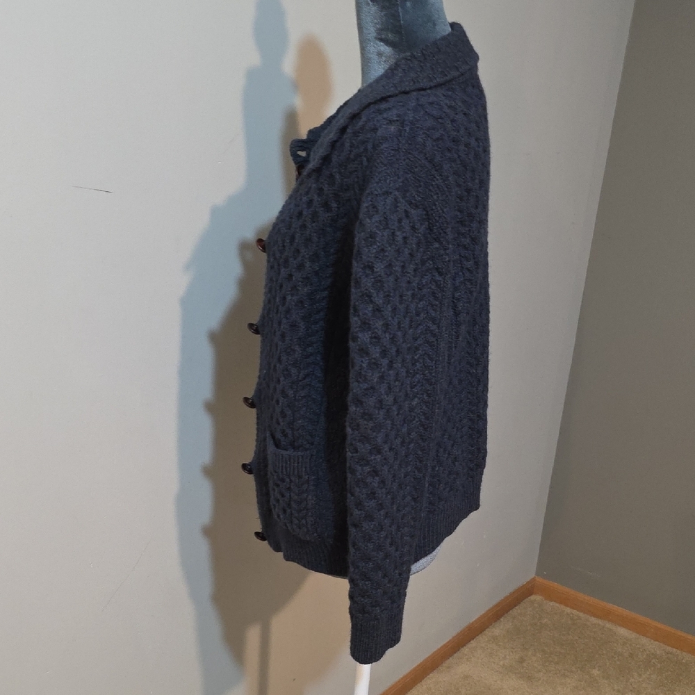Women's Original Aran Merino Wool Navy Cable Knit Cardigan S - Picture 4 of 8